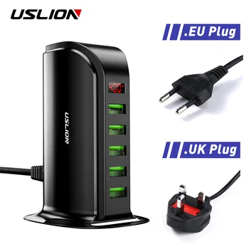 USLION 5 Многопортовое USB Зарядно устройство Хъб за Мобилен телефон, За EU, UK US Plug LED Дисплей USB зарядно устройство ще захранване на Настолна Док Станция-Зарядни Устройства