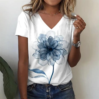 Лятна Ежедневни Свободна женска тениска с абстрактно цветен печат и графичен принтом, на База отгоре с V-образно деколте, Модни дрехи големи размери, с 3D-принтом