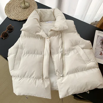 2023 Нов топлото Есенно-зимния женски Кратък Жилетка, палто с джобове, Ежедневни модни дамски яке без ръкави, монофонични жилетка за жени