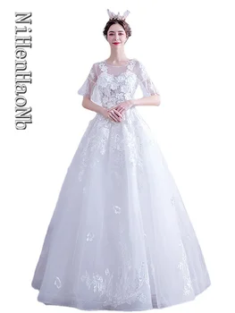 Сватбена рокля с къс ръкав 2023 Луксозна Сватбена рокля с кръгло деколте Vestidos De Новия
