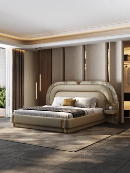 Италианска лека луксозна кожена легло по поръчка, благородна сватбена легло, атмосферата вили, мека опаковка, двойно легло в основната спалня