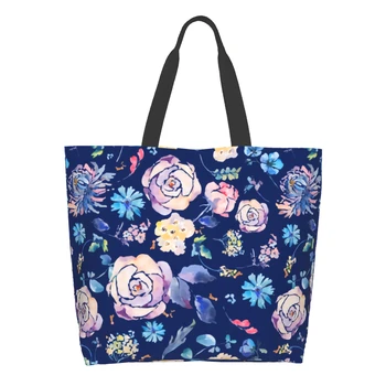 Холщовая чанта-тоут с акварельными цветя за жени, кухня почивен ден, за Многократна употреба за хранителни стоки чанти на Едро, Големи Ежедневни покупки