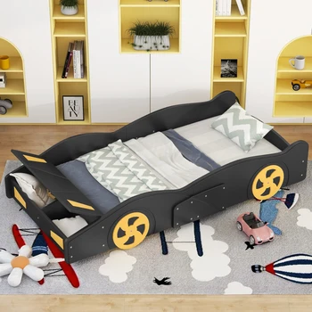 Легло-платформа във формата на състезателна кола от двойно по размер с Колела и място за съхранение на нещата,