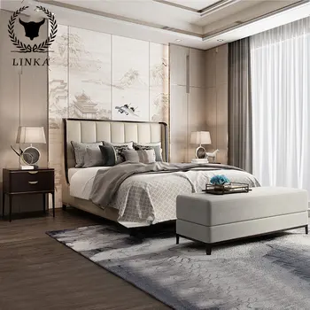 Първият слой двойно легло от телешка кожа, модерен минимализъм Дзен съвременен китайски стил двойно легло, мебели за главната спалня
