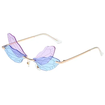 Модни слънчеви очила без рамки във формата на крило на пеперуда-водни Кончета, Женски Vintage слънчеви очила с Прозрачни Океанскими лещи, сенки UV400, мъжки