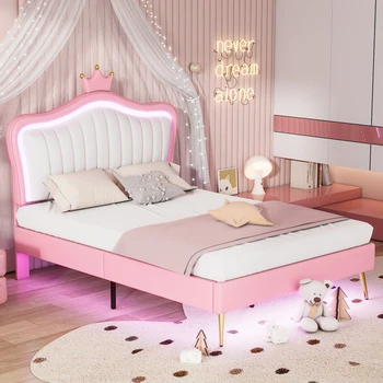 Легло в реален размер, рамка на легло с led тапицерия и led подсветка, Удобно легло за принцеса с таблата под формата на короната за спални