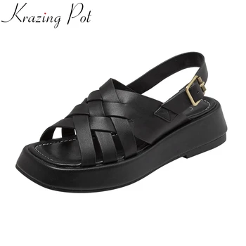 Krazing Pot 2022, модни сандали-гладиатори от естествена кожа на среден ток с каишка и катарама, открит чорап, с дебела подметка, на платформа за почивка за момичета