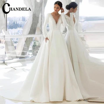 Модерни Сватбени рокли CHANDELA С Дълбоко V-образно деколте, Кружевными Апликации, Дълъг Ръкав на Сватбена Рокля Vestidos De Новия, Индивидуално За Жени