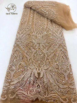 Висококачествена Френска Окото Лейси Плат с мъниста 2023, Висококачествени Африкански Дантелени платове с Пайети За Младоженеца За Нигерийски на Сватбена рокля