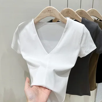 Бяла тениска с V-образно деколте и къс ръкав, дамски новост лятото 2023, наплечники на върха на горната част е с къс ръкав, модни бяла
