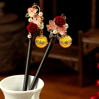 Шнола цвете-фенер, светещи китайски пръчици за коса За парти Hanfu, Сандалово дърво, Перла кок за коса, вилици, Реколта закопчалка за коса, бижута