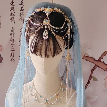 Екзотични аксесоари за коса Дизайн на шапки Hanfu Облекло Hanfu Жасмин Western Blue Прическа Короната Женски накити за косата Гривна
