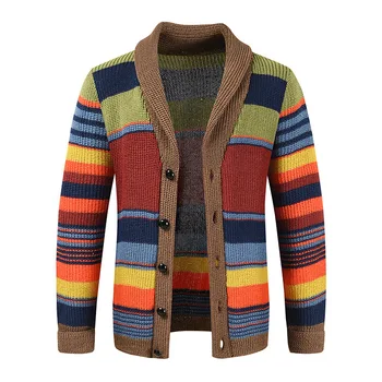 2023, Новост зимата, мъжки пуловер с ревера на формата на цветен блок, яке, Модни мъжки Ежедневни Тънка вязаная мъжки
