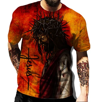 Гореща разпродажба, ежедневни модерна риза в стил ретро с принтом на Исус Христос с къси ръкави, по-големи размери, тениска с кръгло деколте, персонални пънк-полиестер