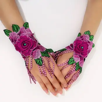 1 Чифт женски изискани цветни ръкавици с бродерия в китайски стил, Ретро Етнически стил, Триизмерно выдолбленное танцово украса на китката