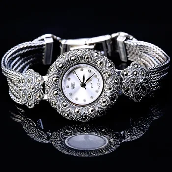 Гривна от сребро тайландски производство в ретро стил, Елегантни часовници, леки луксозни дамски часовници за влюбени