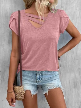 Женска тениска с V-образно деколте CoCo Leaf, монофонични топ, Летни ежедневни ризи с къс ръкав за дама, розови тениски
