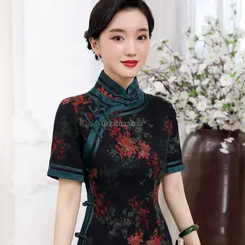 2023 национален стил, подобряване на елегантна женствена рокля ципао с къс ръкав, нов ретро китайски стил, с принтом за отслабване, s51