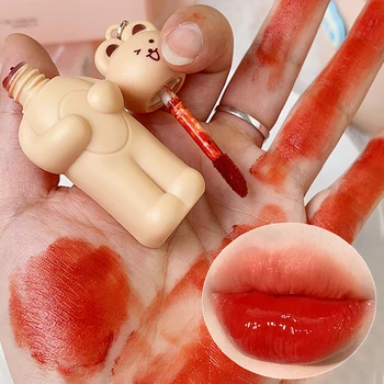 Ключодържател със сладък мечок, Матово Розово Кадифе Блясък за устни, устойчиви, не оставят следи от Червени Секси Водоустойчив течни червила за грим на Устните, Козметика