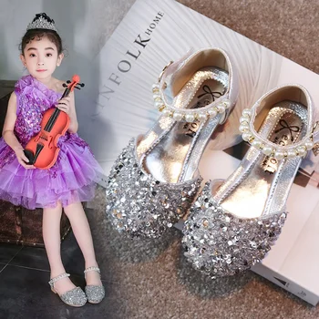 Обувки Принцеси за момичета 2023, Ново Корейското издание, Обувки за малки момичета, Детски Кожени обувки С кристали, Байпай, Обувки с мека подметка и кристали
