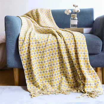 Одеало за диван, Вязаное Вълнена одеяло с пискюли под формата на Хаундстута, Малко Скандинавски геометрично покривки за пътуване, Къмпинг, пикник, Одеало за легло