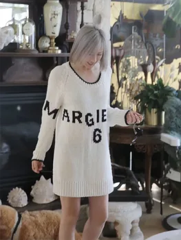 MM6 Пуловер, Вязаная Домашно облекло С писмото принтом Кръгъл отвор, Бяла японски пуловер голям размер, пуловер