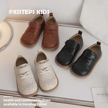 Кожени Модел обувки, за да се Изяви в Ретро стил За момичета и Момчета, нескользящая Мека Училищни Обувки За Бебета, цвят Черен, Бежов, Кафяв