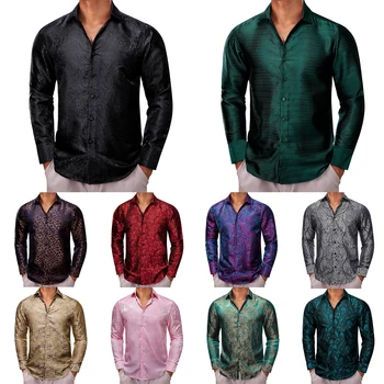 Дизайнерски ризи за мъже, Копринени, черни, Сини, Червени, лилави, Сребристо-сиво, Розово, Пейсли, Тънки мъжки блузи с дълъг ръкав, ежедневни блузи Бари Уонг