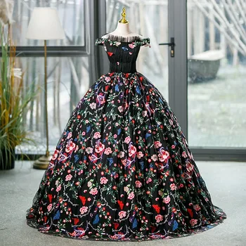 Луксозни черни Дантелени Буйни рокля с цветен Модел, Елегантна рокля за абитуриентски бал с отворени рамене, Благородно Бална рокля за момичета по поръчка
