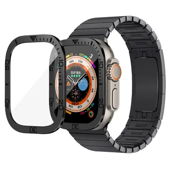 Нова закалена филм за часа на Apple Ultra 49 мм За Apple Watch 8 с времеви мащаб, Метална рамка + защитно пръстен Ultra 49 мм от закалена филм
