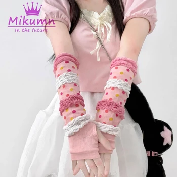 Mikumn Harajuku Y2k, Дълги Ръкавици Без пръсти, Женски Японски Кавайные Възли Ръкавици в Розово Грах, Топли Зимни Ръкавици за ръце