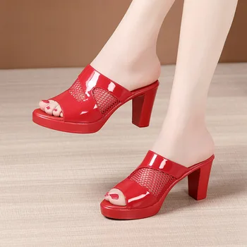 Дамски чехли на платформа с блочным ток, Джапанки, Нови дамски обувки на висок ток, Офисна дамски летни обувки, Сандали, размер 32-43