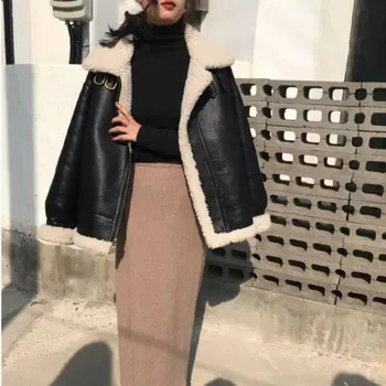 Съкратен яке за жени, корейската версия, имитация на вълна агнешко месо Плюс руно, Дамски кожени дрехи с цип