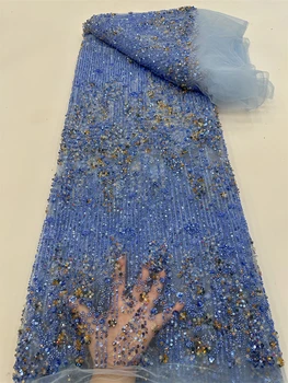 Луксозна синя африканска лейси плат от тежки мъниста, лейси плат от френски тюл с бродерия в нигерия стил, 5 ярда за шиене