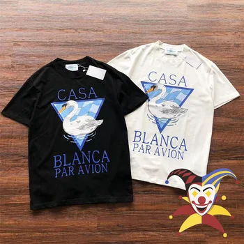 Тениска Казабланка-За мъже И жени, Модни тениска с триъгълен принтом лебед, е Черно-бяла с биркой