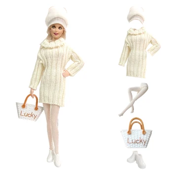 NK 5 елементи / комплект Модни дрехи, Бяло палто, Пуловер, Шапка + обувки + Чанта за отглеждане, Рокля за Барби кукли, Аксесоари, детски играчки