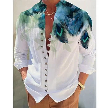 Пролетно-Есенни Ежедневни Блузи с дълъг ръкав, Жилетка, Реколта Свободна Риза с Копчета С шал яка, за да проверите За Мъже, Модни Мъжки Плажни Ризи С 3D Принтом