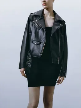 Есен нова дамски модни универсална мотоциклетът яке с ревери от черна изкуствена кожа, с дълги ръкави, палто от къси кожени якета