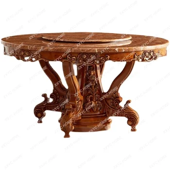 Кръгла маса, Мрамор въртяща се маса с кръгла лента, трапезни столове от масивно дърво, Комбинирана резбовани мебели за хотелска вили на няколко души