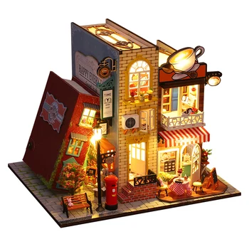 Дървена мини кукла къща с аксесоари, мебели, Етажерка кът, Кафене, играчки за куклена къща, Casa Roombox за възрастни, подаръци за рожден Ден