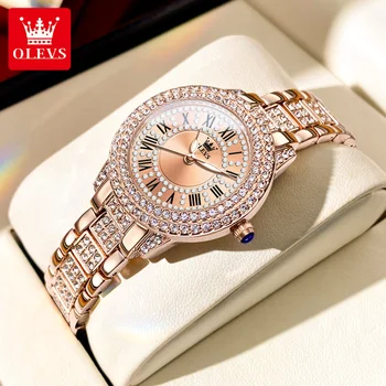 OLEVS Кварцов дамски часовник Модни водоустойчива от неръждаема стомана с луксозен бриллиантовым циферблат Висококачествени Елегантни дамски часовник от розово злато