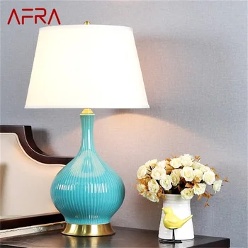 Керамична настолна лампа AFRA Медни Модерна Луксозна бледо-синята настолна лампа LED За домашни легла