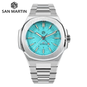Мъжки часовник San Martin, нови 43 мм GMT, Класически бизнес луксозни автоматични механични часовници за мъже, сапфир, 10 бара, BGW-9, светещи