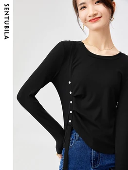 Sentubila, прости обикновена трикотажни тениски за жени 2023, Летни Модни директни блузи с дълъг ръкав, дамски Основни тениски, Нов фланелка
