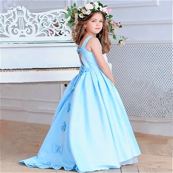 Рокля с цветя модел за момичета, Синя Дълга Рокля без ръкави с отворен гръб, Украшенное лък, Сватбена Елегантно Детско Празнична рокля с Малък Цветочком за Първо Причастие