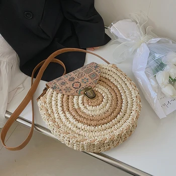 Нова кръгла Сламена чанта от ратан Ръчно изработени, вязаная Малка чанта за майките ярки цветове, Дамски тканая плажна чанта през рамо за дамите