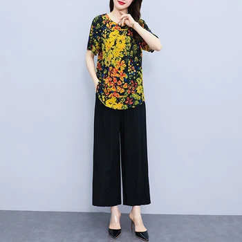 Дамски комплекти широки панталони от 2 теми, Елегантен Нов всекидневни женски летен костюм на средна възраст 2023, реколта дрехи