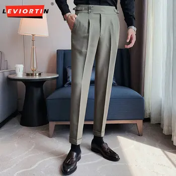 2023 Висококачествени бизнес ежедневни скъсяване на панталони с висока талия и прави штанинами за отслабване в корейски стил за мъже с малки крака