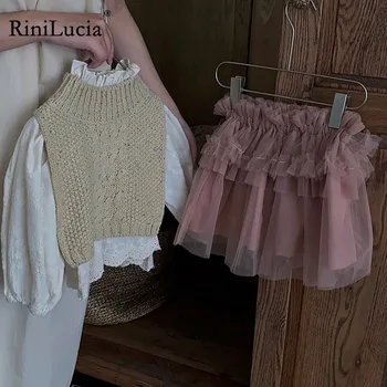 Комплект детски дрехи RiniLucia За момичета, Риза с дълги ръкави, Вязаный жилетка, Пола, Комплекти дрехи за момичета от 3 теми, Есенни костюми за деца 2023 година