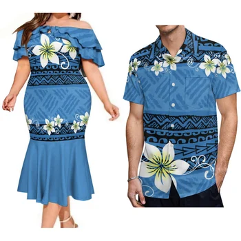 Женствена рокля с открити рамене 2023, Вечерна Рокля С Къдри под формата на Рибено Опашката, Хавайски Костюм за двойки в полинезийски стил на племето С Мъжка Риза